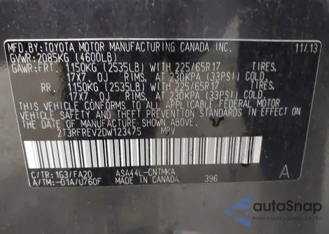 2013 Toyota Rav4 Xle z USA, uszkodzony, nr VIN 2T3RFREV2DW123475